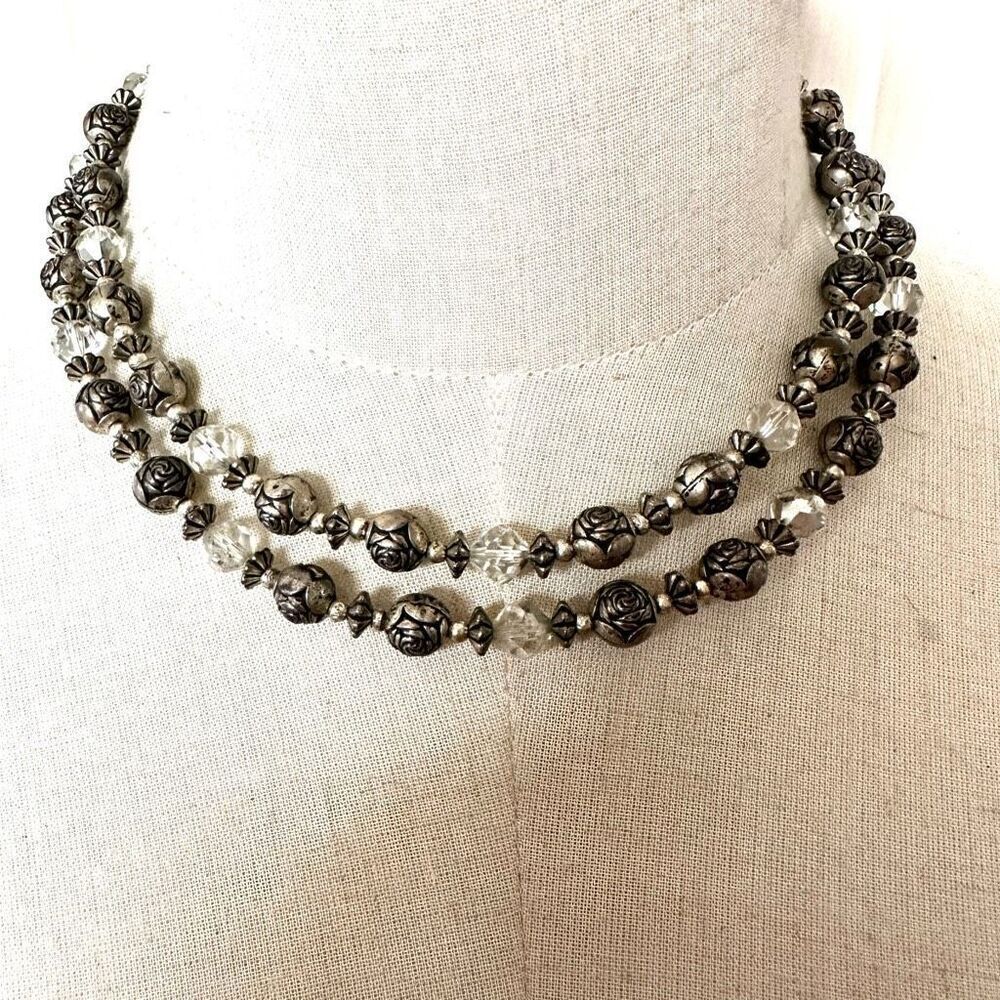 Flower and crystal beaded double strand vintage necklace